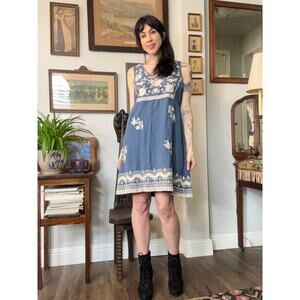 Johnny Was floral embroidered linen dress slate blue sleeveless size M